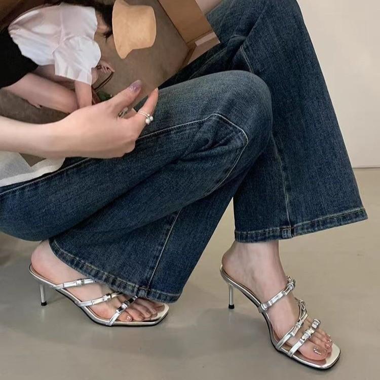 2025 summer new open-toed high-heeled sandals women's daily versatile bow satin temperament square head sandals