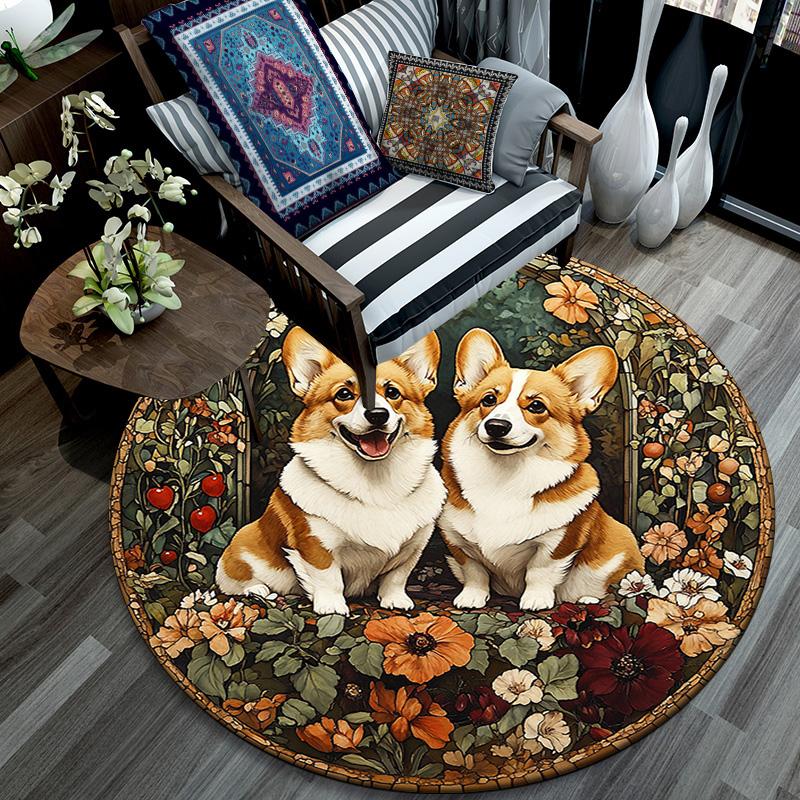 Corgis Round Area Rug,Carpet Rug for Living Room Bedroom Sofa Playroom Decor,Non-slip Floor Mat