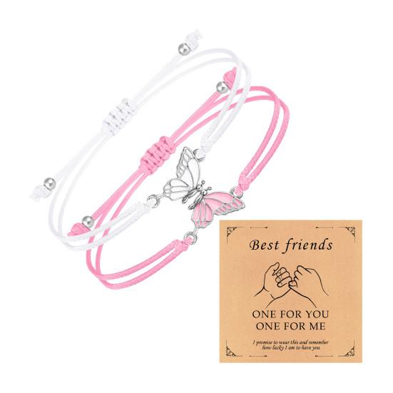 2Pcs/Set Couple Bracelet Adjustable Wax Rope Butterflies Pendant Friendship Love Bracelet with Blessing Card Bestie Matching Jewelry