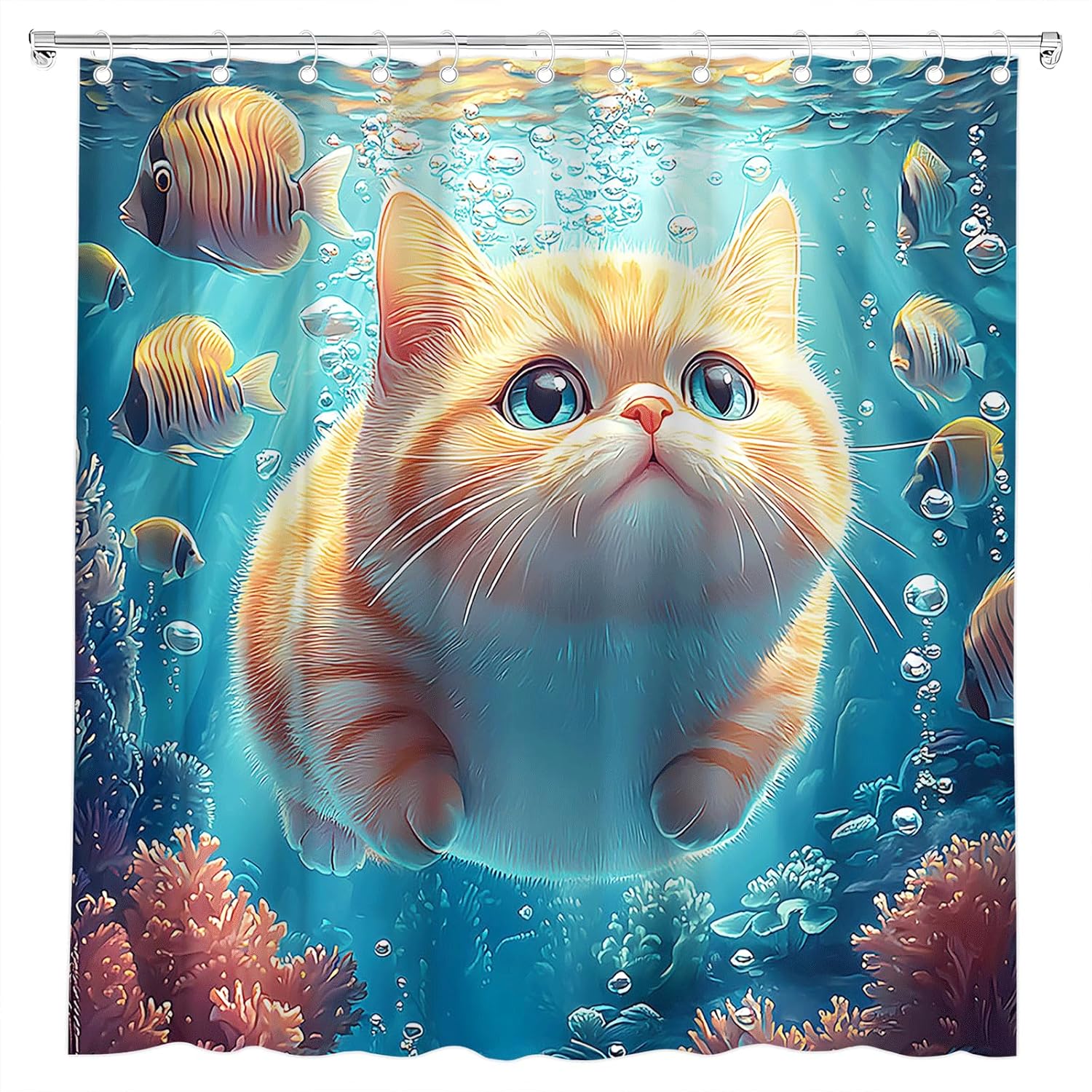 

Забавная морская кошка Шторка для душа Милый оранжевый котенок Плавание и рыбы в море Подводный мир Кораллы Животные Любимые питомцы Занавеска 90x180cm