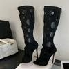 Fashion Liyke Summer Fashion Hollow Out Knee High Sandals Women Stiletto Heels Peep Toe Zip Long Boots Female Shoes Black Zapatos Mujer