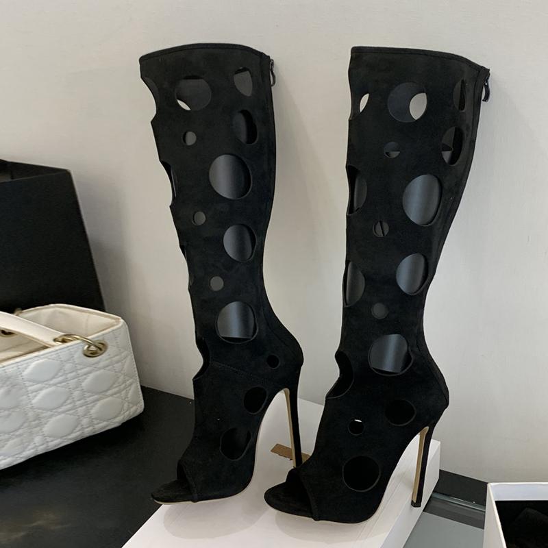 Fashion Liyke Summer Fashion Hollow Out Knee High Sandals Women Stiletto Heels Peep Toe Zip Long Boots Female Shoes Black Zapatos Mujer