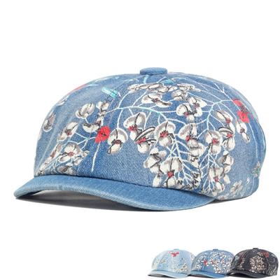 Baskenmütze für Damen, Denim-Druck, floraler achteckiger Hut, bemalter Hut, britischer Forward-Hut, Newsboy-Mütze