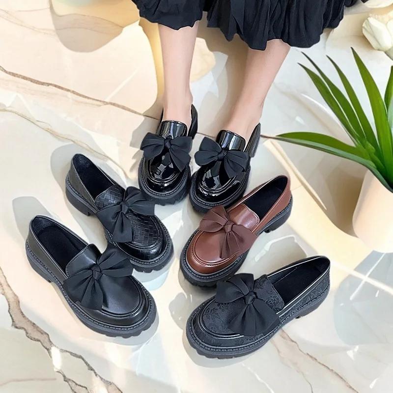 Fashion Women Flat Shoes Bowknot Leather Shoes Ladies 2025 New Spring Thick Heel Loafers Woman Fashion Comfortable Work Shoes Zapatos