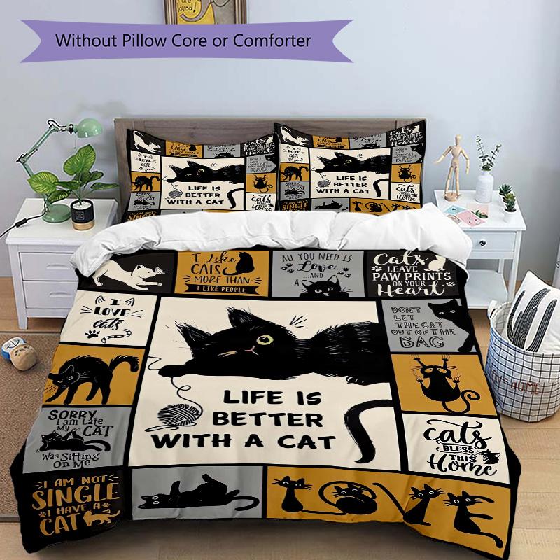 

3pcs Life is Better with Cats Print Cover Set Ultra Soft, Breathable, and Comfortable Bedding with Stylish Design for Bedroom and Guest Room Deco 135x200cm