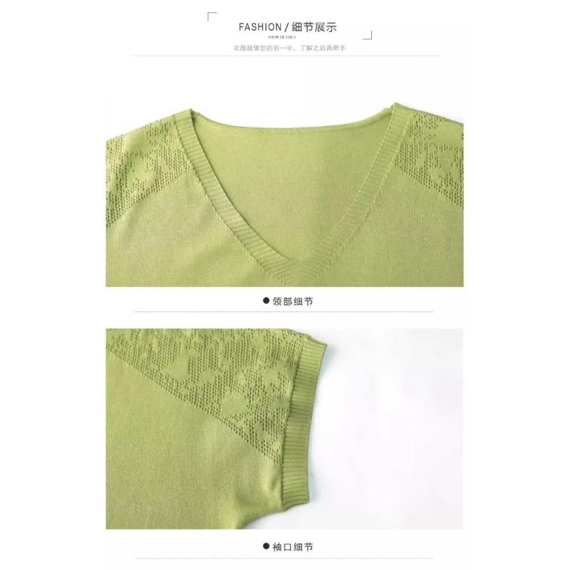 Women's Knitted T-shirt Summer Middle Aged Mom Summer Clothes Short Sleeved T-shirt Women's V-neck Shirt