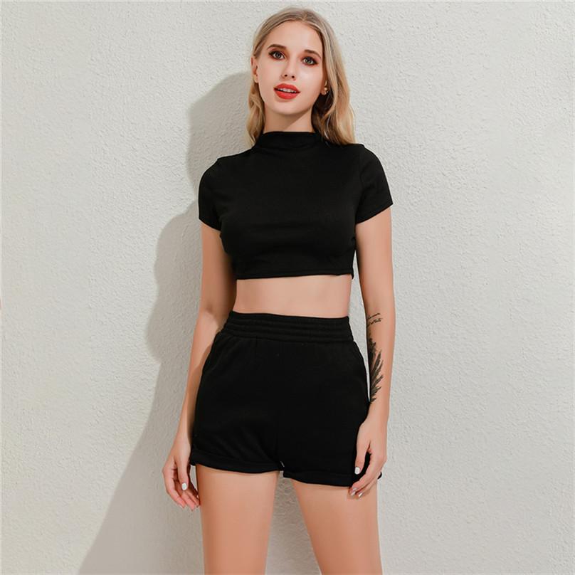 Ensemble de Sport confortable et Sexy pour femmes, couleur unie, col rond, manches courtes, haut court, taille haute, pantalon
