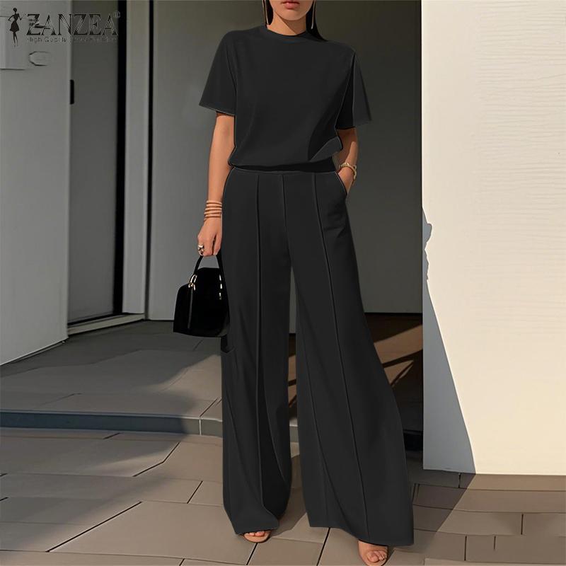 ZANZEA Women Short Sleeve Blouse and Wide Leg Pants Casual Two Piece Sets