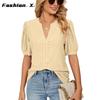 Europe and The United States 2024 Summer Casual V-neck Solid Color Hollow Bubble Sleeve Loose T-shirt Blouse Female