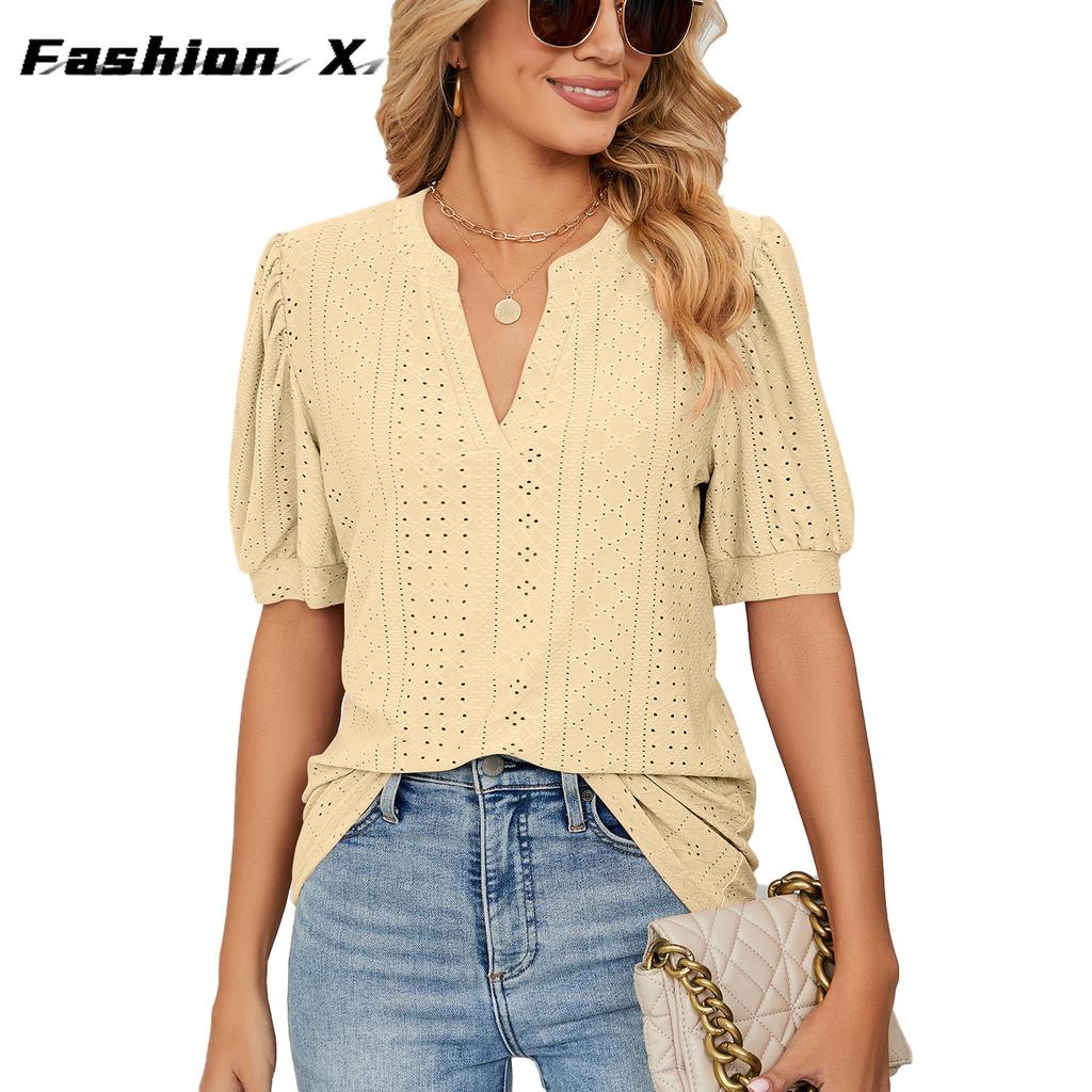 Europe and The United States 2024 Summer Casual V-neck Solid Color Hollow Bubble Sleeve Loose T-shirt Blouse Female