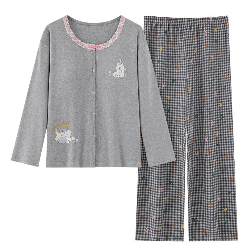 Women's Long-Sleeve, Long-Pant Pajama Onesie with Built-in Bra Pad, Round Neck, Wearable Outdoors, Cute for Home or Casual Wear