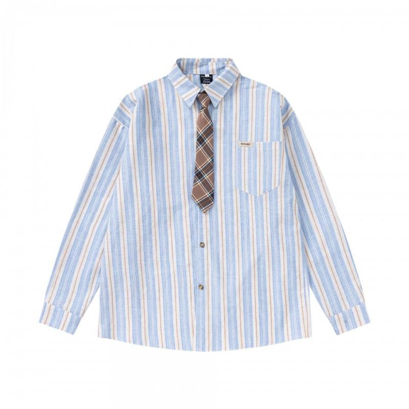 Japanese Vintage Plaid Tie Striped Shirt Loose Fit Couple Casual Top Teens