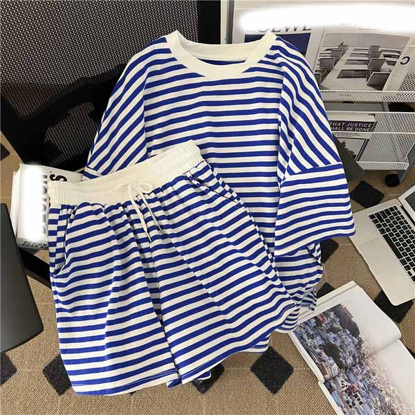 Women's Spring and Summer Round Neck Striped Casual T-shirt + Sports Shorts Two Sets
