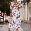Geometric Pattern Waistband V-neck Long Casual Commuter Dress for Spring Summer Women's Dress Women Clothing