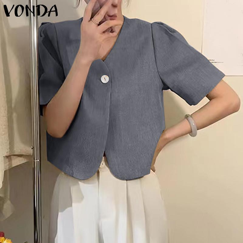 

Летний костюм Vonda, блейзер, топы, женские короткие футболки с пышными рукавами и v-образным вырезом для стильных случаев