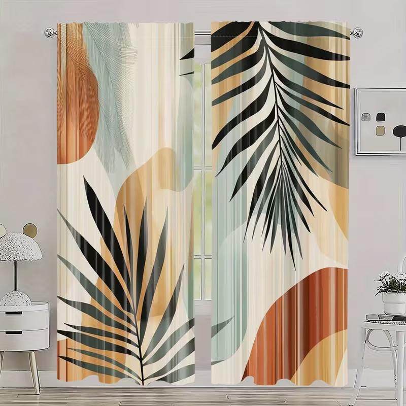 2PC Modern Abstract Palm Leaf Curtains - Boho Tropical Geometric Print Window Drapes for Living Room Bedroom Decor