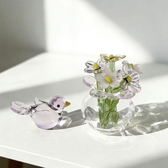 Miniature Glass Flower Figurine Small Hand Blown Faux Crystal Flower Bouquet in Vase