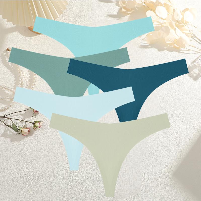 5PCS Women Ice Silk Seamless Underpants Panties Sexy V-Waist Sport Thongs Low Rise 10 Soild Colours Breathable G-string