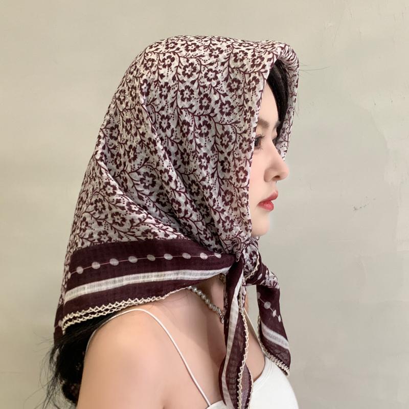Floral cotton-linen large square scarf, silk scarf women's strapless scarf, sun-protection headscarf, vintage high-end style INS shawl, 91x91