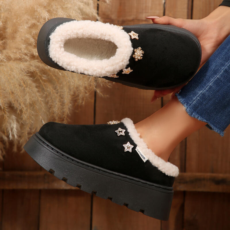 Fashion Chunky Platform Wedge Heel Furry Casual Shoes Women 2025 Winter Warm Plush Mules Slippers Soft Thick Bottom Fur Outdoor Slippers