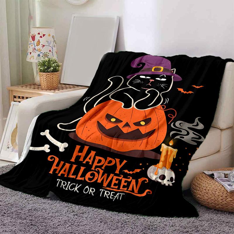 1pc Trick or Treat Cat & Pumpkin Halloween Blanket  Soft & Cozy, Living Room, Travel, Camping, Car Blankets