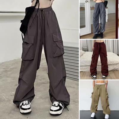 Women Cargo Pants Elastic Waist Mid-rise Quick-Drying Long Pants Solid Color Wide Leg Multi Pockets Sports Trousers