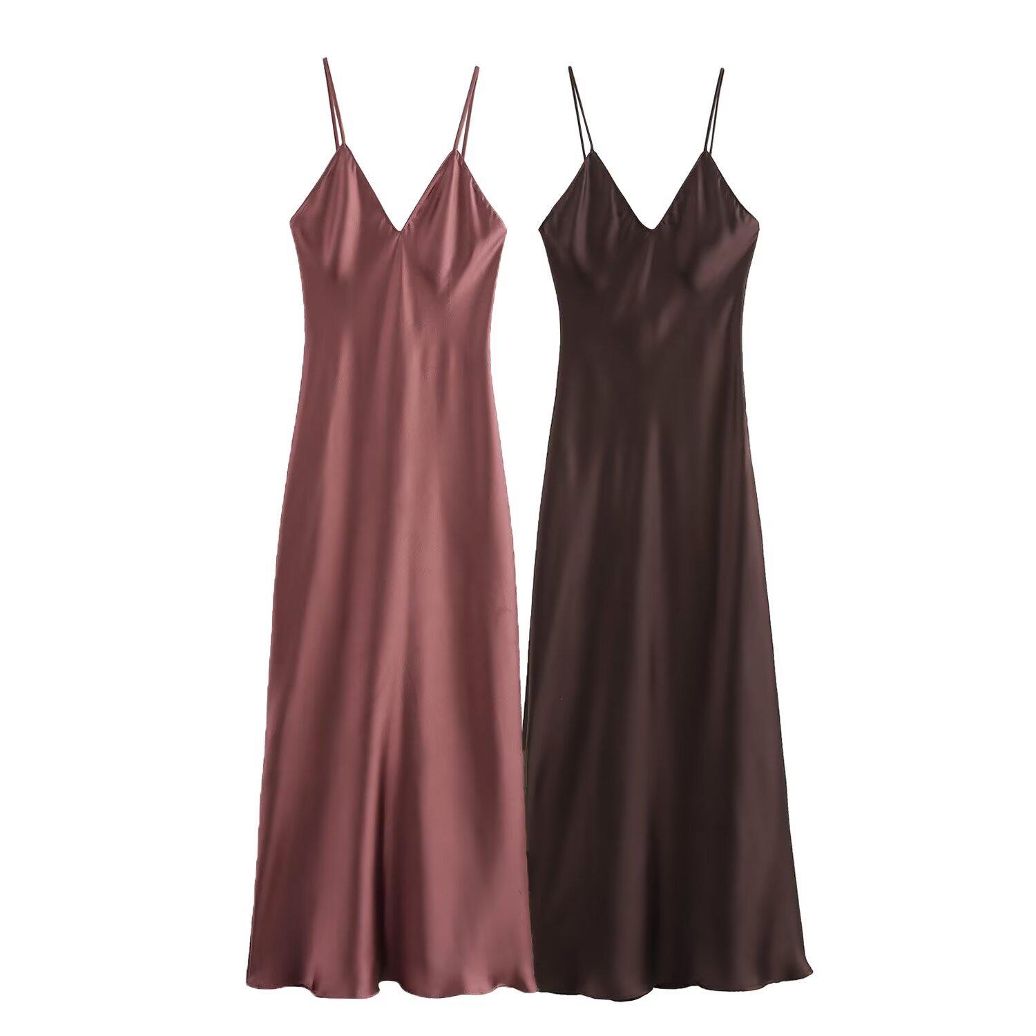 

2025 Spring Women s V-Neck Strapless Satin Slip Dress Medium красный/коричневый