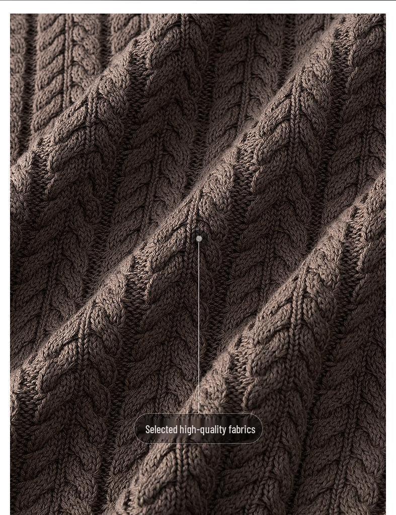 Men's Luxury All-Cotton Knitted Pullover - Thick, Solid Color, Velvet-Lined Cable Knit for Autumn and Winter
