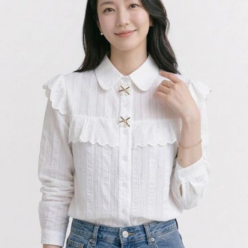 Navava Women Lovely Lace Point Ribbon Long Sleeve Shirt Nb3063