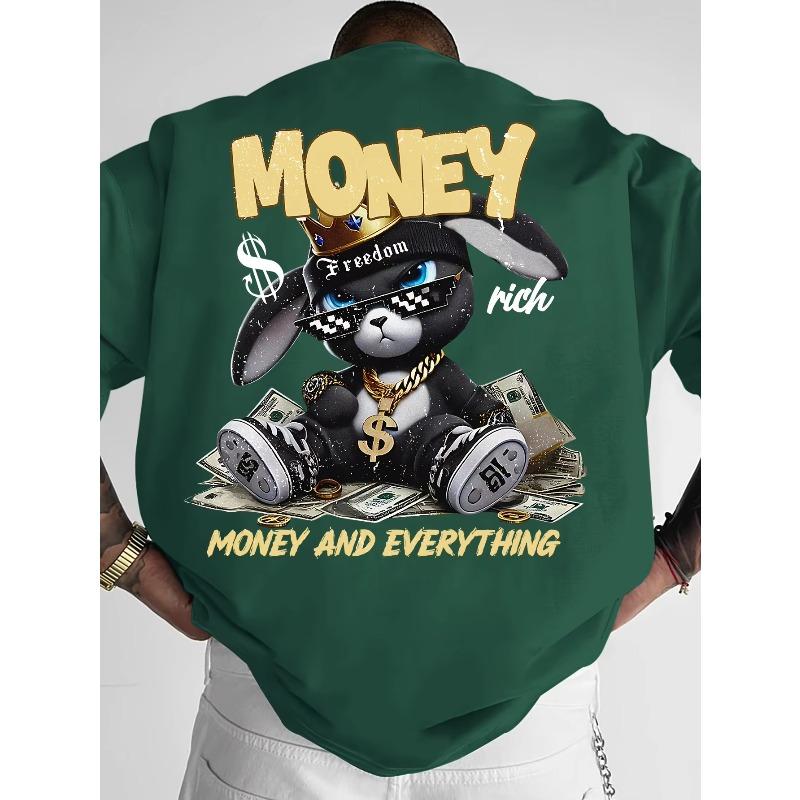 MONEY AND EVERYTHING T-Shirt – Black Oversized Short Sleeve Tee, Rich Bunny Rabbit Graphic with Crown & Dollar, Hip Hop Streetwear