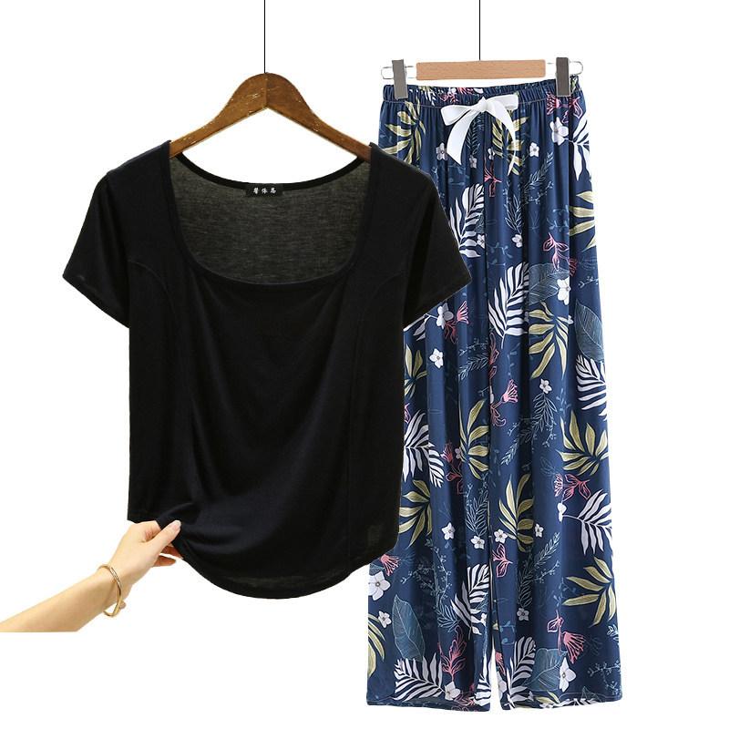 Fashion U Nek Tshirt and Floral Wide leg pants Summer fashion homewear 2pcs suit Loose Casual pajamas set comfort loungewear plus size