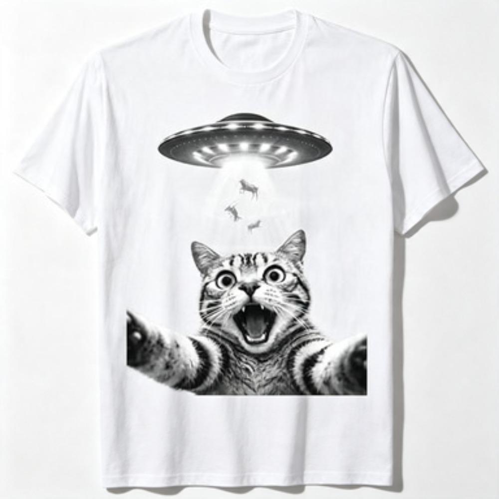 2026 Summer Hot Sale Highquality Unisexs Funny Cat Selfie With Ufo Print Tshirt Casual Streetwear Short Sleeve High Quality Tops