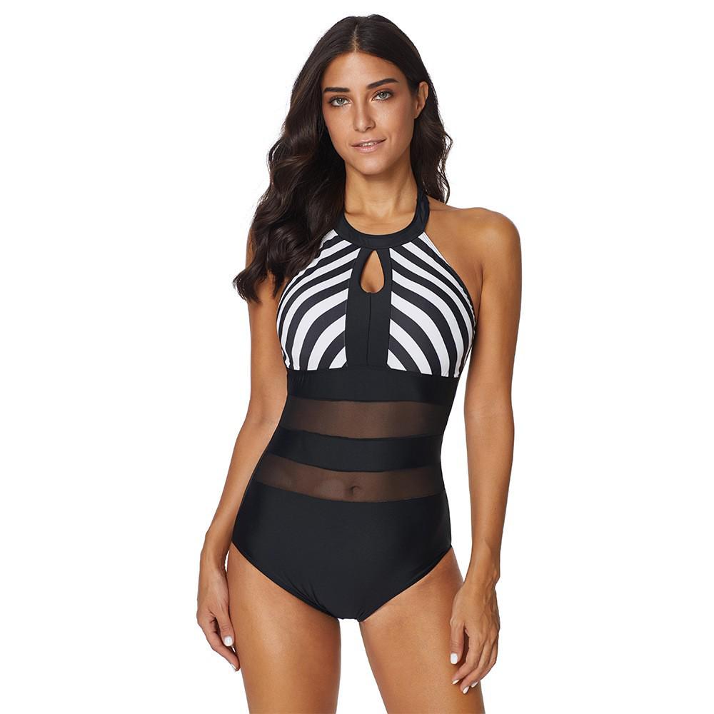 Women's Plus Size Striped Backless Mesh One-Piece Swimsuit