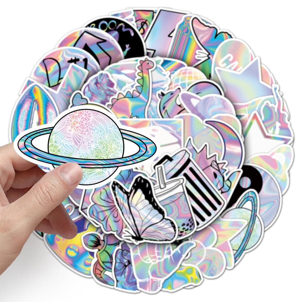 50 PCS Holographic Graffiti Stickers - Creative DIY Laser Decals for Skateboard Cup Luggage Phone Tablet Laptop
