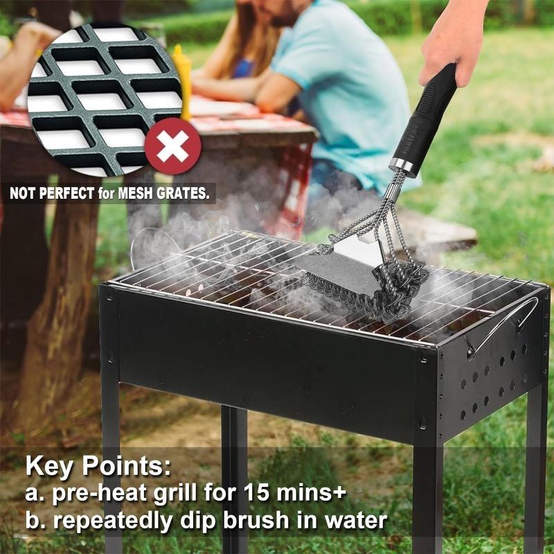 3in1 Grill Brush and Scraper with Handle Safe BBQ Brush Stainless Steel Bristle Grill Grate Cleaner for Grilling Grates Tool