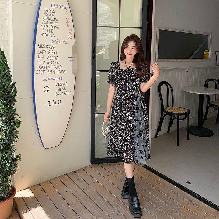 Women's Plus Size Floral Midi Dress, French Retro Style with Mesh Spliced Skirt