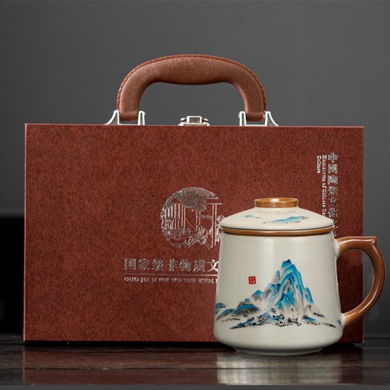 Chinese Ru Kiln Teacup Blue And White Ceramic With Lid Tea Separation Water Cup Household Special Tea Cup Office Mug