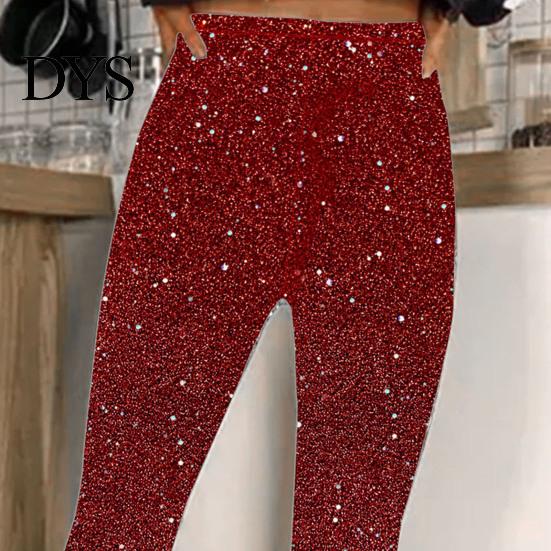 Sequin Bottoms Women Cropped Pants Elastic High Waist Skinny Fit Sequined Calf-length Shiny Sequins Vacation Travel Work Casual Comfortable