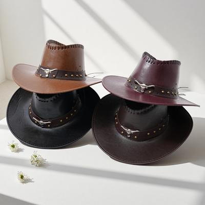 New Unisex PU Leather Wide Brim Gift Hat  Bull Head Belt Hat Strap Suitable for Hiking And Mountain Climbing Denim