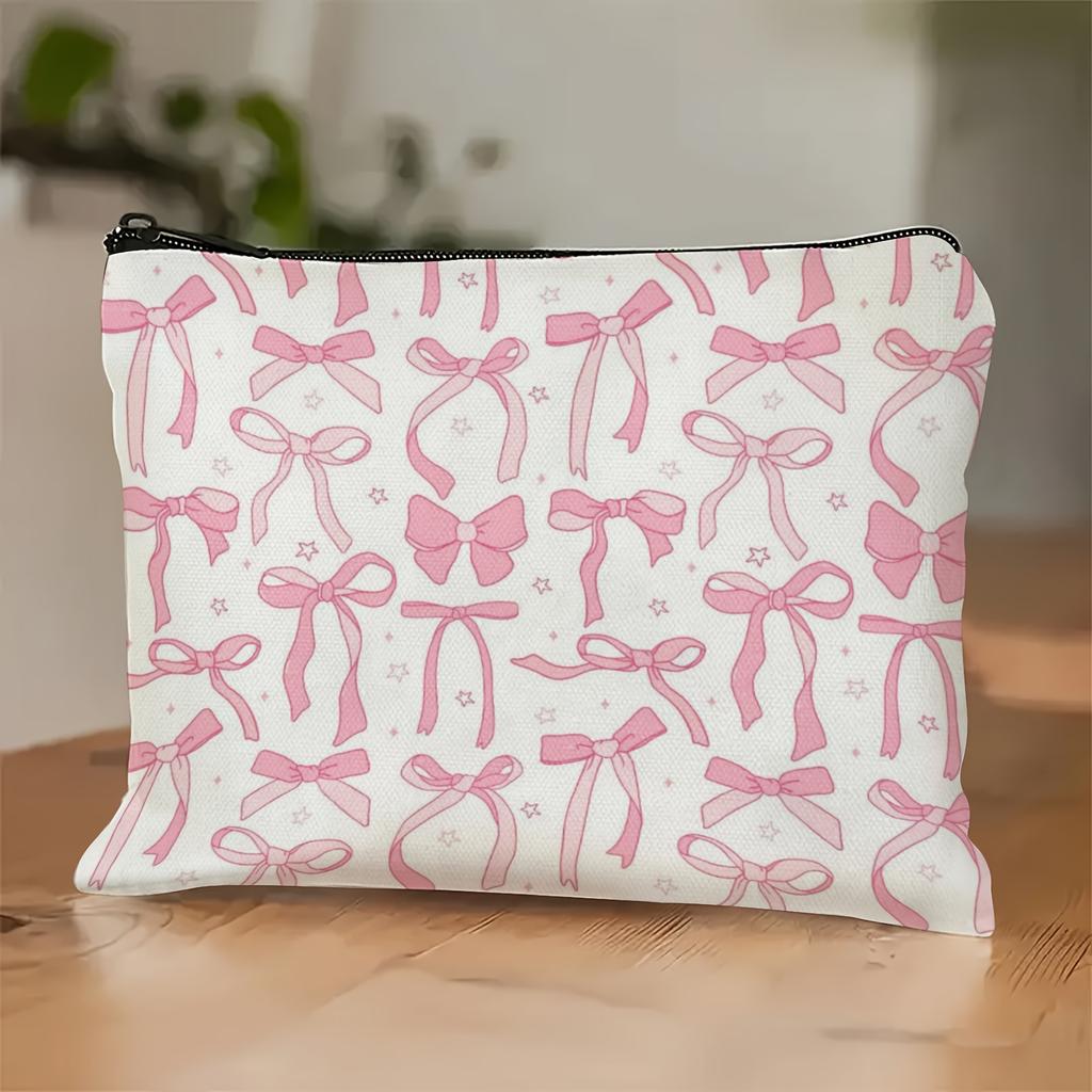 Hand-Drawn Bow & Star Pattern Velvet Zip Bag - Lightweight Cosmetic & Toiletry Organizer with Secure Zipper, Mixed Colors, Unisex Gift for Women