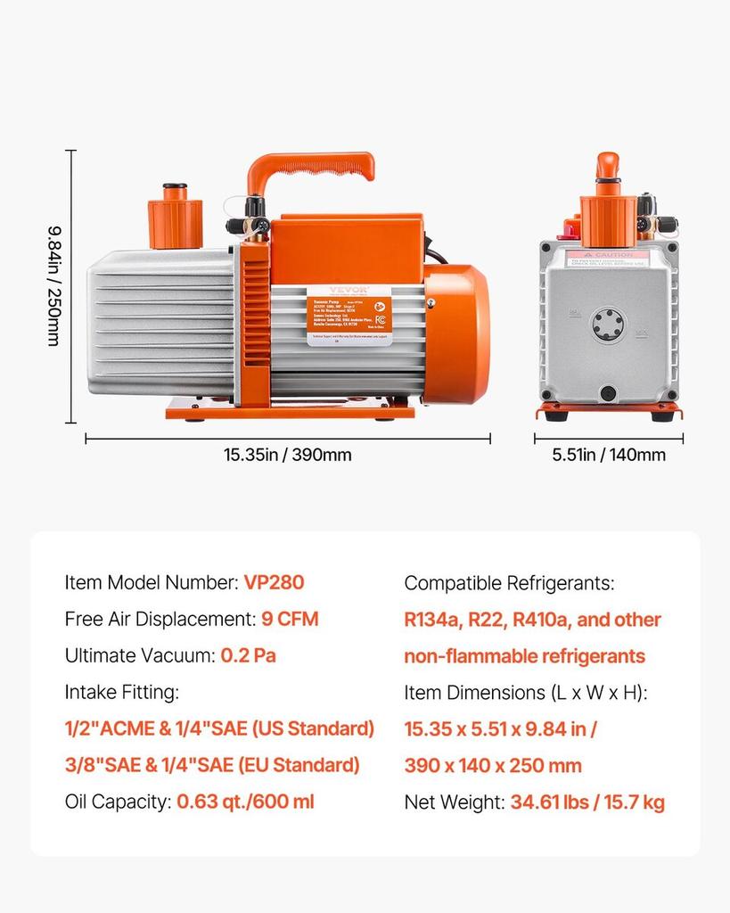 Vacuum Pump 9 CFM HVAC 2 Stage Rotary Vane Vacuum Pump Oil Included