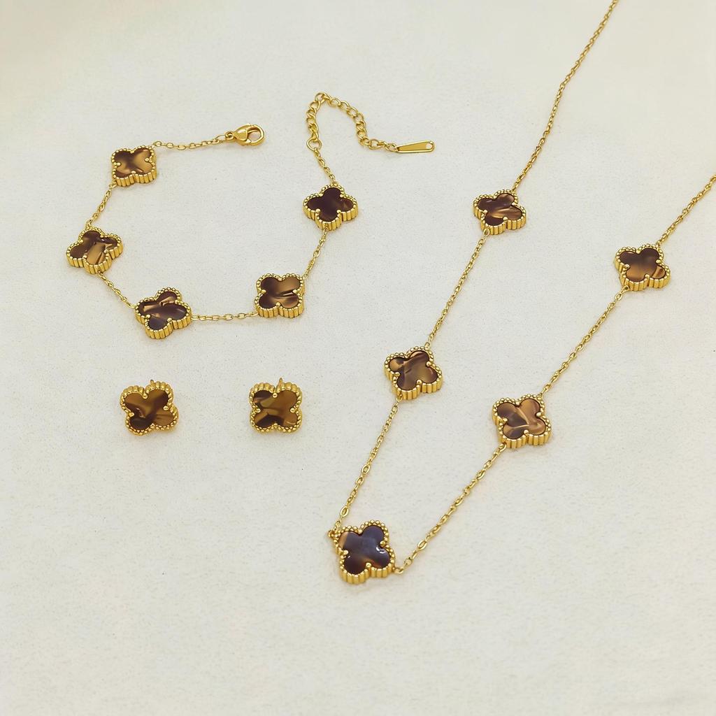 Set de Joyería de Acero de Titanio Madreperla Doble Cara Trébol de Cuatro Hojas con Pulsera, Collar y Pendientes