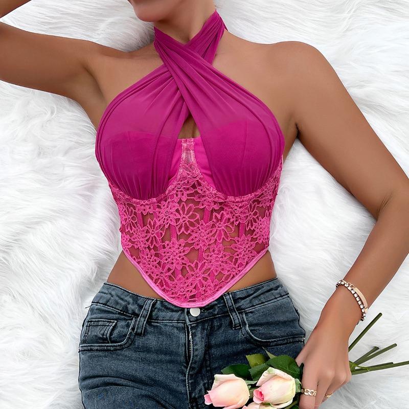 Specialty Lace Mesh Yarn Cross Neck Top Rhombus Fishbone Small Vest