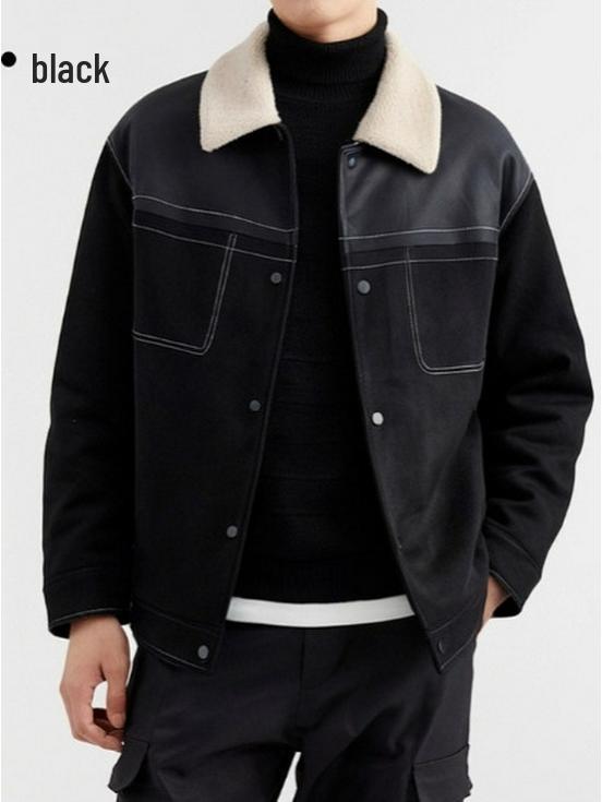 Men's Winter Short Suede Jacket with Velvet Lapel and Lamb Wool Padding