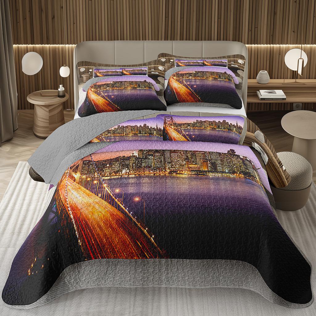 City Landscape Quilted Bedspread Set Cityscape Artwork Queen Bedding Set Colorful River Business District Coverlet For Girls Man