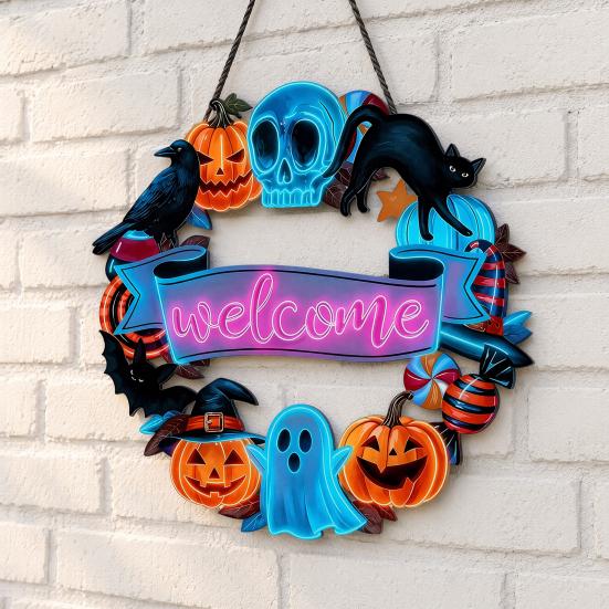 Halloween Holz Türschild, Schwarze Katze Kürbis Skelett Veranda Hängedekoration, Wasserdichtes Außen Willkommensschild, Bereit zum Aufhängen Party Dekoration