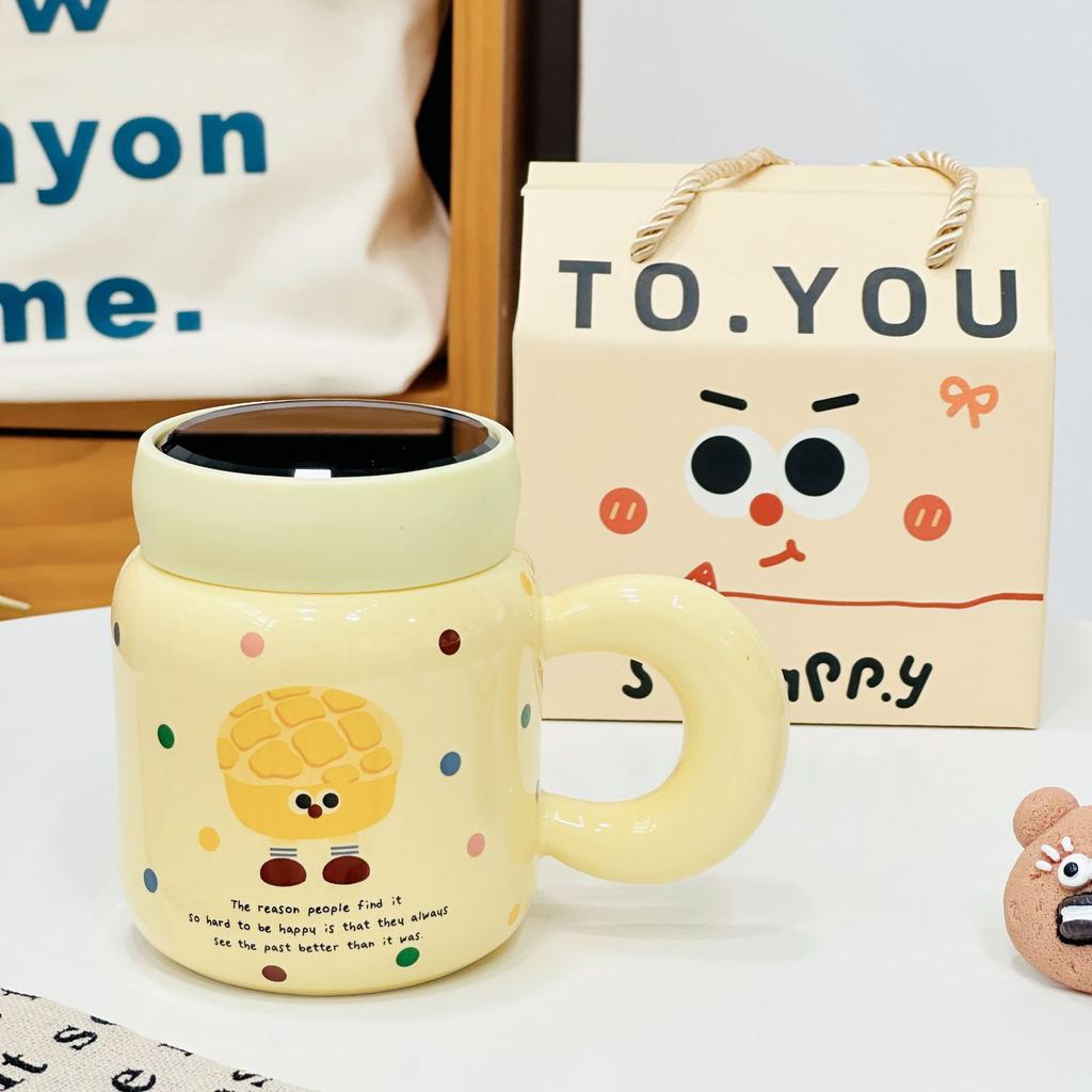 Girls' Cute Ceramic Cup Household Suit Mug Small Monster Water Cup Mirror Cup with Lid Simple and High Appearance