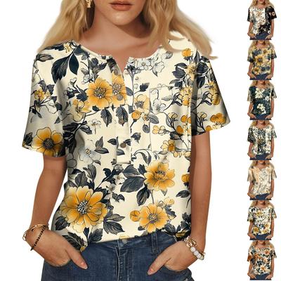 Women's Fashion Casual Short Sleeve Print Round Neck Pullover Top Blouse