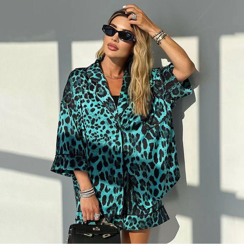 

European and American Leopard Print Print Loose Top Shorts Set Leopard Print Top and Shorts Set Green L