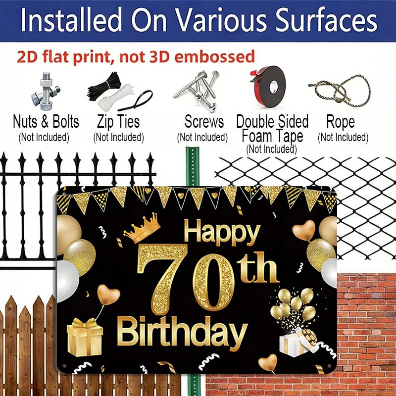 2D Flat, 1pc "Happy 70th Birthday" Black & Gold Plaque - 70th Birthday Decor Sign with Glitter Number & Balloons, Black & Gold - Aluminium Wall